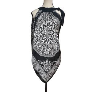 Women's Tank Blouse Lightweight Sheer‎ Ties On Shoulder Blk/Wht Bandana Inspired